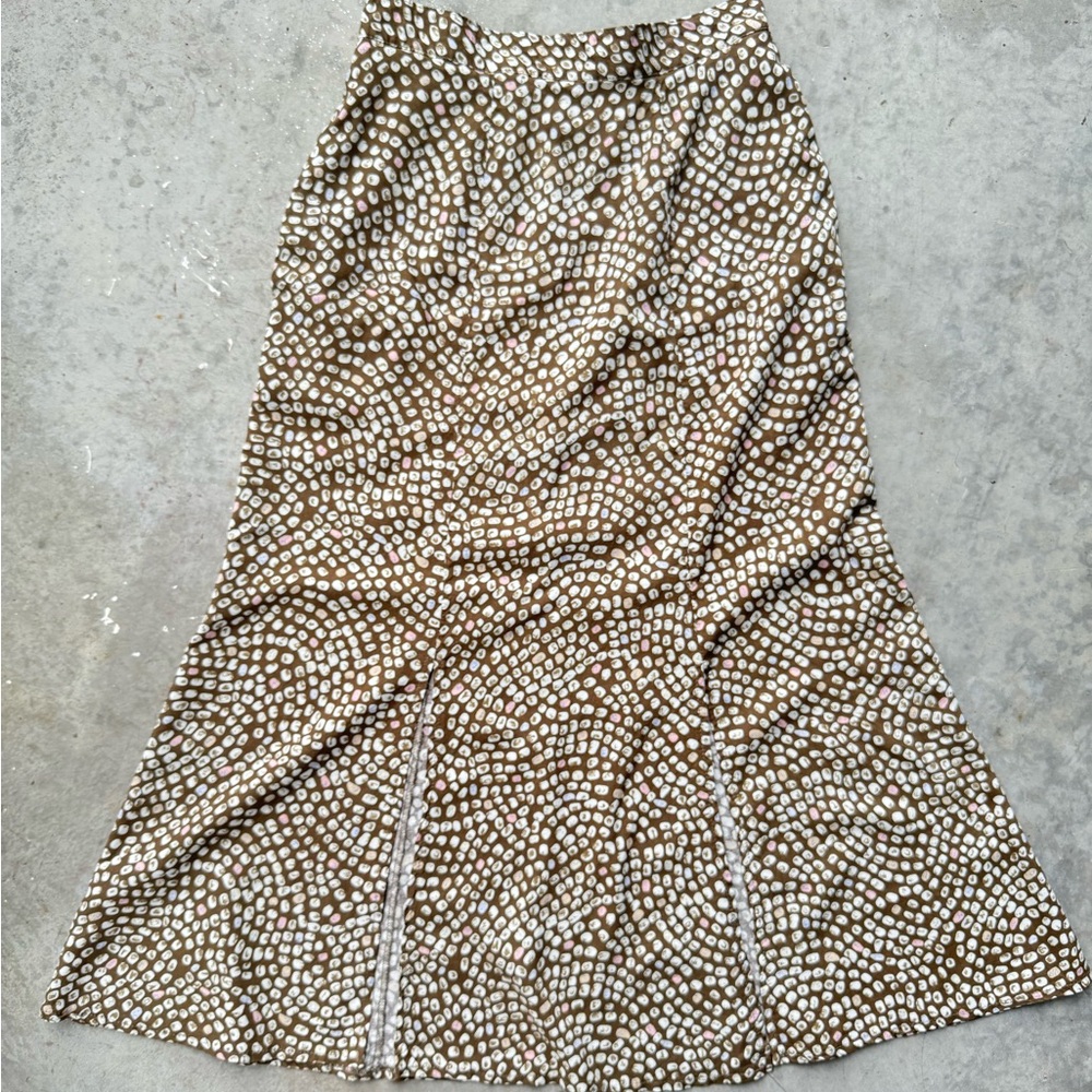 Patterned Brown and multi colour calf length Skirt with pockets & front slits